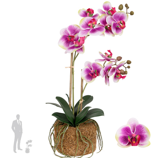 Orhidee artificiala mov cu alb si verde cu aspect natural H56 cm cu 2 tulpini