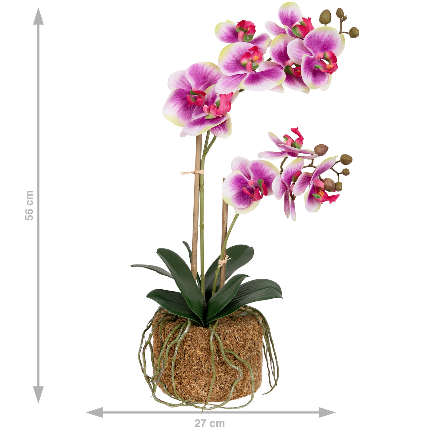 Orhidee artificiala mov cu alb si verde cu aspect natural H56 cm cu 2 tulpini