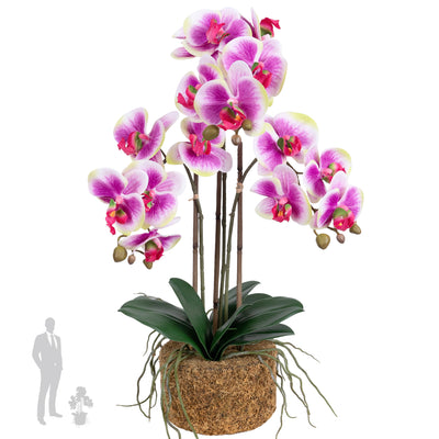 Orhidee artificiala mov cu alb si verde cu aspect natural H58 cm cu 3 tulpini