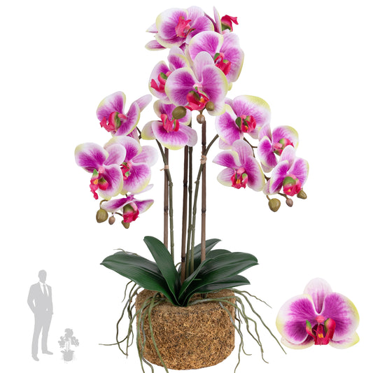 Orhidee artificiala mov cu alb si verde cu aspect natural H58 cm cu 3 tulpini