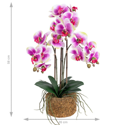 Orhidee artificiala mov cu alb si verde cu aspect natural H58 cm cu 3 tulpini