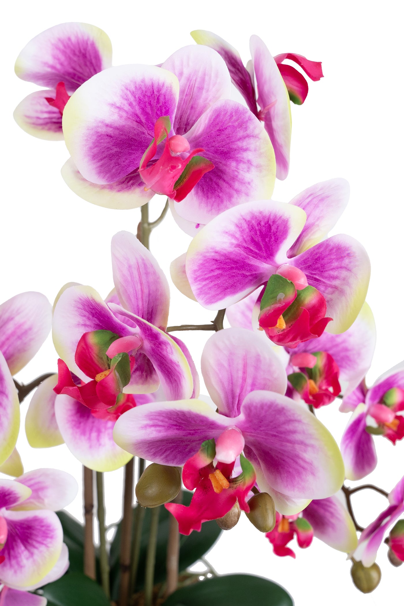 Orhidee artificiala mov cu alb si verde cu aspect natural H58 cm cu 3 tulpini