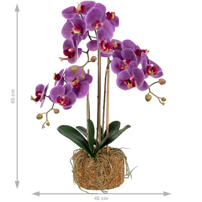 Orhidee artificiala mov cu aspect natural H65 cm cu 3 tulpini