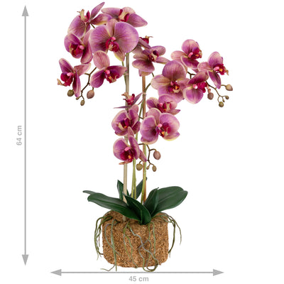 Orhidee artificiala mov cu galben cu aspect natural H64 cm cu 3 tulpini