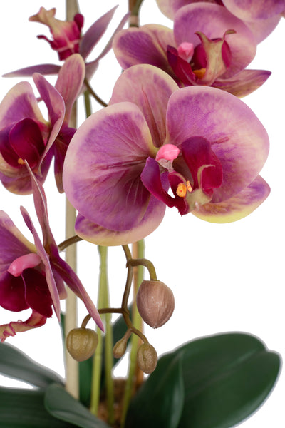 Orhidee artificiala mov cu galben cu aspect natural H64 cm cu 3 tulpini