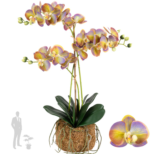 Orhidee artificiala mov cu verde cu aspect natural H64 cm cu 3 tulpini