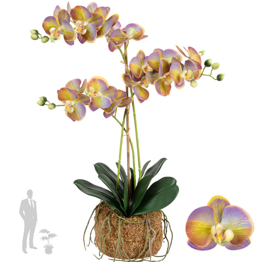 Orhidee artificiala mov cu verde cu aspect natural H64 cm cu 3 tulpini