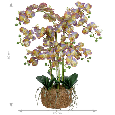 Orhidee artificiala mov cu verde cu aspect natural H80 cm cu 9 tulpini