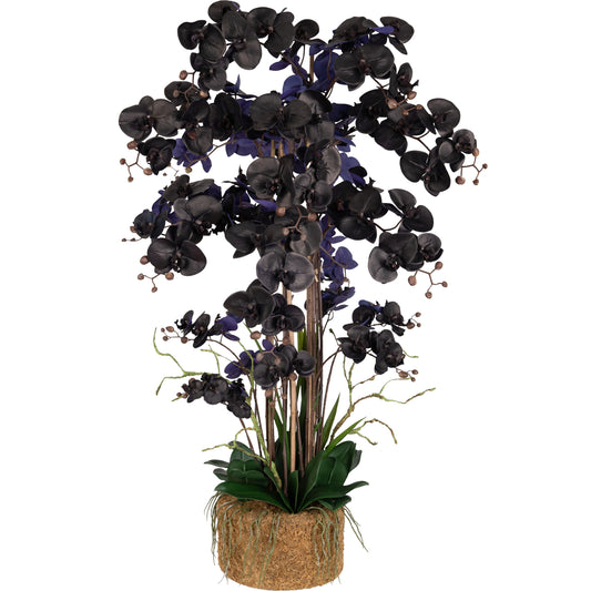 Orhidee artificiala neagra cu aspect natural H120 cm cu 21 tulpini si frunze verzi