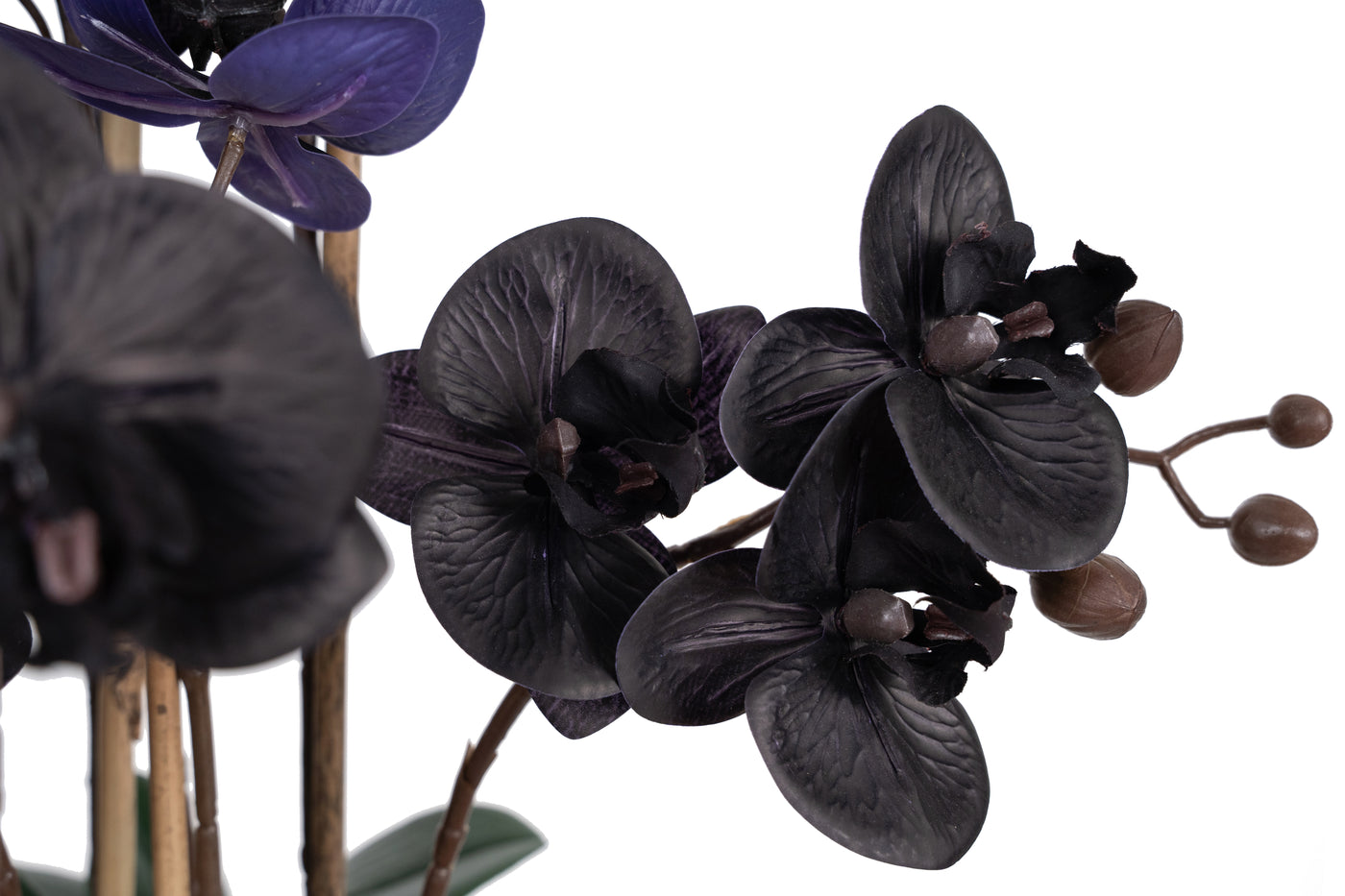 Orhidee artificiala neagra cu aspect natural H59 cm cu 6 tulpini cu frunze verzi