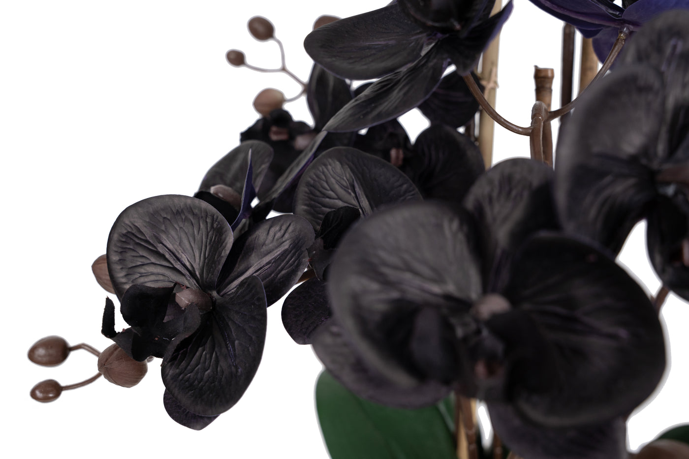 Orhidee artificiala neagra cu aspect natural H59 cm cu 6 tulpini cu frunze verzi