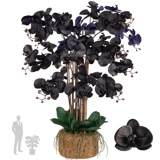 Orhidee artificiala neagra cu aspect natural H90 cm cu 12 tulpini si frunze verzi