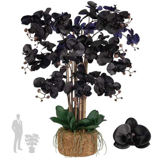 Orhidee artificiala neagra cu aspect natural H90 cm cu 12 tulpini si frunze verzi