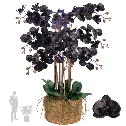 Orhidee artificiala neagra cu aspect natural H95 cm cu 9 tulpini cu frunze verzi
