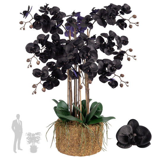 Orhidee artificiala neagra cu aspect natural H95 cm cu 9 tulpini cu frunze verzi