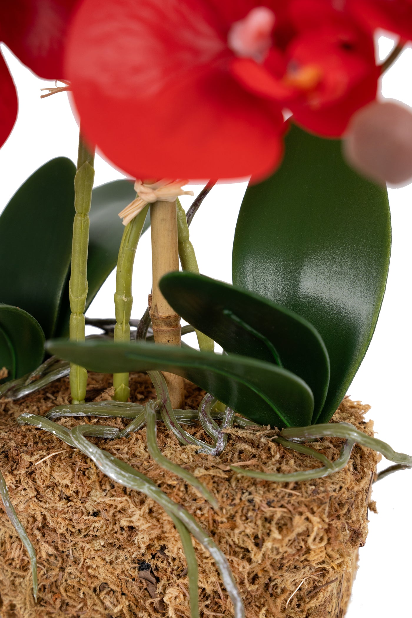 Orhidee artificiala rosie cu aspect natural H35 cm cu 3 tulpini