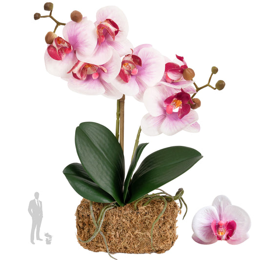 Orhidee artificiala roz cu alb cu aspect natural H36 cm cu 2 tulpini