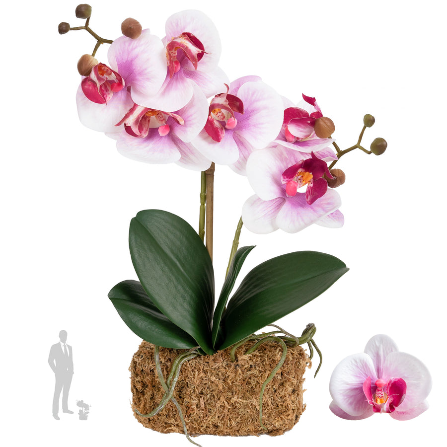 Orhidee artificiala roz cu alb cu aspect natural H36 cm cu 2 tulpini