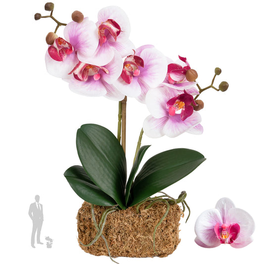 Orhidee artificiala roz cu alb cu aspect natural H36 cm cu 2 tulpini
