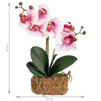 Orhidee artificiala roz cu alb cu aspect natural H36 cm cu 2 tulpini