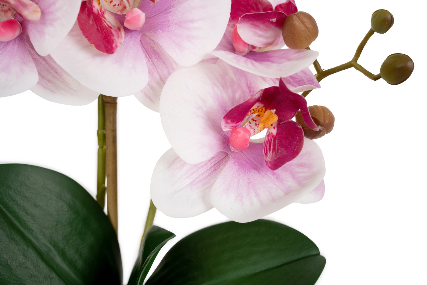 Orhidee artificiala roz cu alb cu aspect natural H36 cm cu 2 tulpini