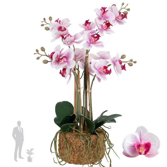 Orhidee artificiala roz cu alb cu aspect natural H54 cm cu 5 tulpini