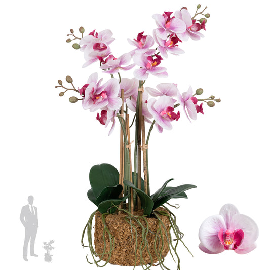 Orhidee artificiala roz cu alb cu aspect natural H54 cm cu 5 tulpini