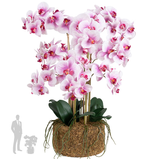 Orhidee artificiala roz cu alb cu aspect natural H80 cm cu 9 tulpini