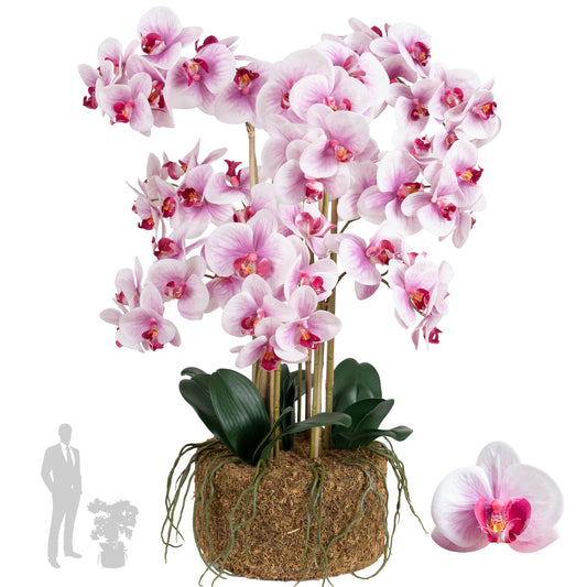 Orhidee artificiala roz cu alb cu aspect natural H80 cm cu 9 tulpini