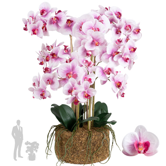 Orhidee artificiala roz cu alb cu aspect natural H80 cm cu 9 tulpini
