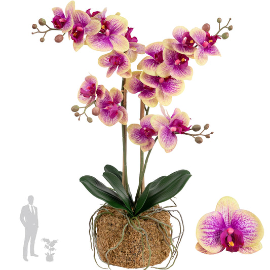Orhidee artificiala roz cu galben cu aspect natural H59 cm cu 3 tulpini