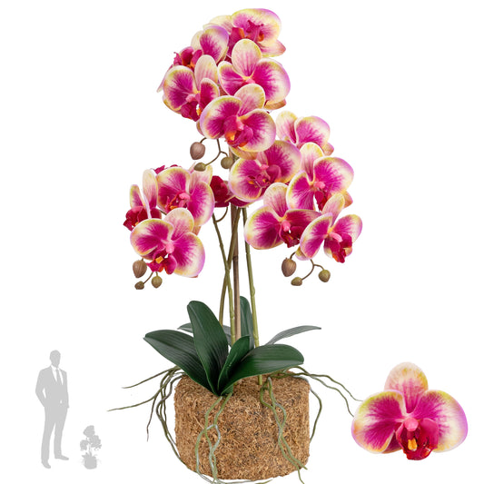 Orhidee artificiala roz cu galben cu aspect natural H61 cm cu 3 tulpini