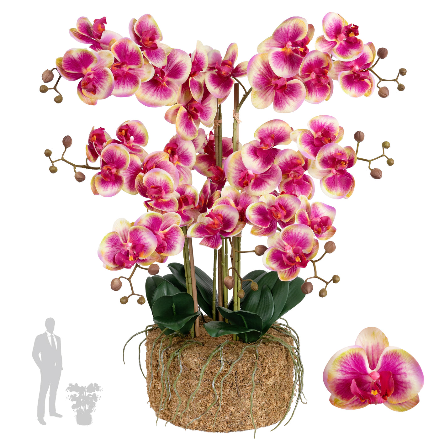 Orhidee artificiala roz cu galben cu aspect natural H66 cm cu 9 tulpini