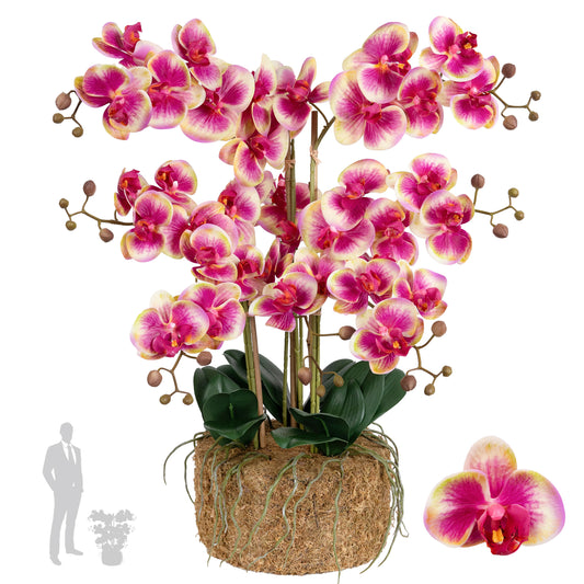 Orhidee artificiala roz cu galben cu aspect natural H66 cm cu 9 tulpini