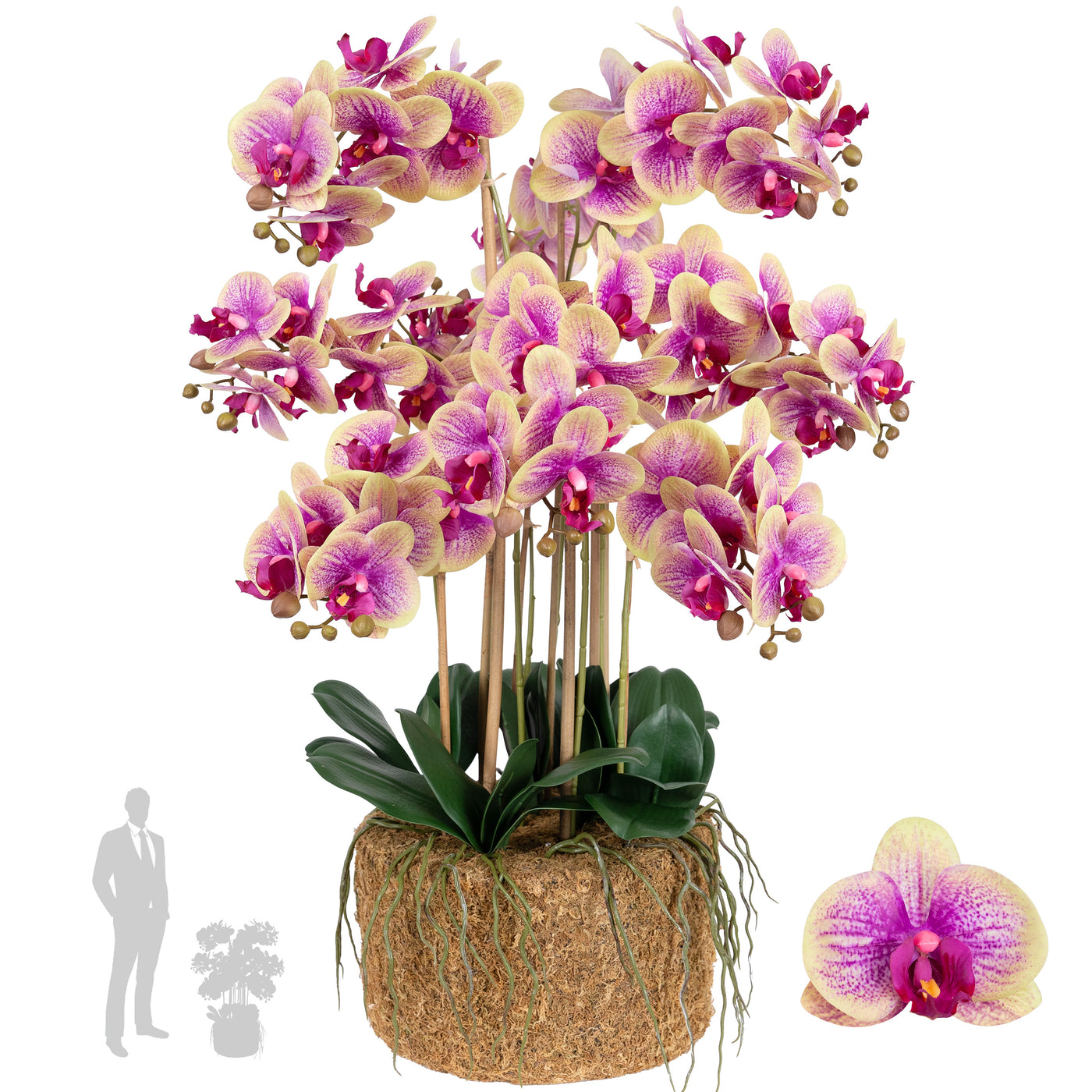 Orhidee artificiala roz cu galben cu aspect natural H85 cm cu 9 tulpini