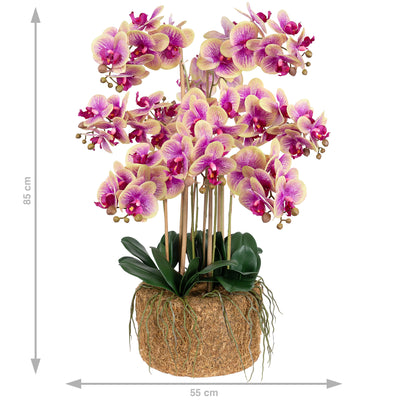 Orhidee artificiala roz cu galben cu aspect natural H85 cm cu 9 tulpini