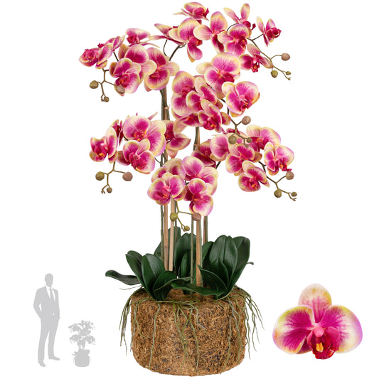 Orhidee artificiala roz cu galben cu aspect natural H90 cm cu 6 tulpini