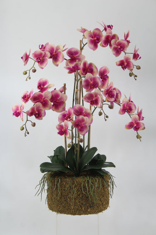 Orhidee artificiala roz cu galben cu aspect natural H90 cm cu 6 tulpini