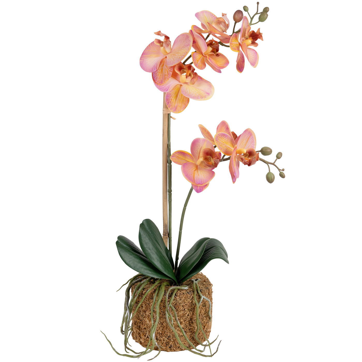 Orhidee artificiala roz cu portocaliu cu aspect natural H53 cm cu 2 tulpini cu un bat de bambus