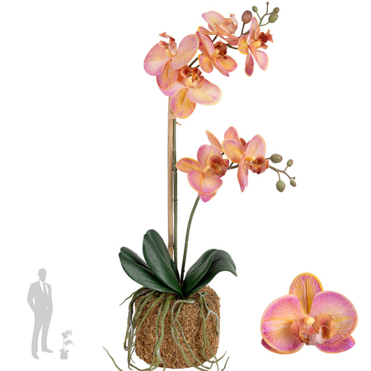 Orhidee artificiala roz cu portocaliu cu aspect natural H53 cm cu 2 tulpini cu un bat de bambus
