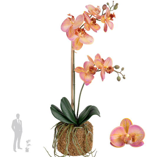 Orhidee artificiala roz cu portocaliu cu aspect natural H53 cm cu 2 tulpini cu un bat de bambus