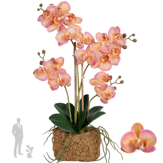 Orhidee artificiala roz cu portocaliu cu aspect natural H55 cm cu 4 tulpini