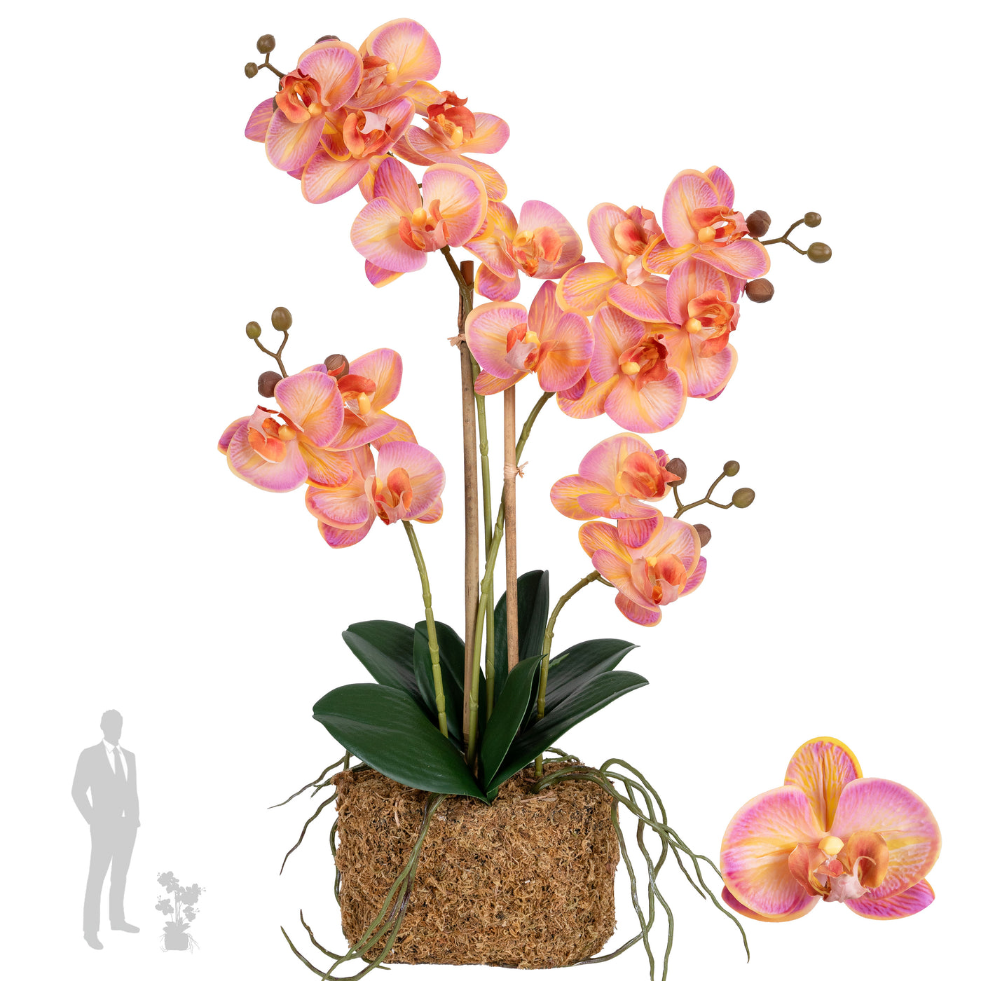 Orhidee artificiala roz cu portocaliu cu aspect natural H55 cm cu 4 tulpini