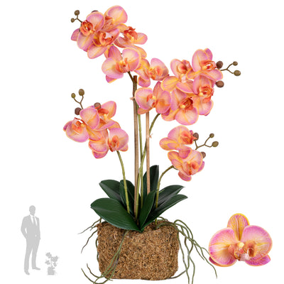 Orhidee artificiala roz cu portocaliu cu aspect natural H55 cm cu 4 tulpini