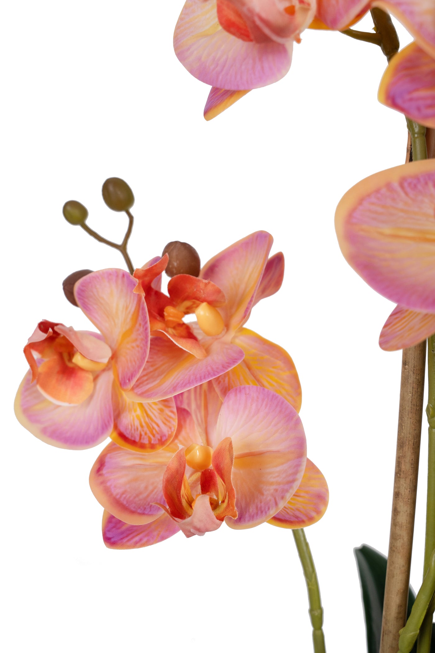 Orhidee artificiala roz cu portocaliu cu aspect natural H55 cm cu 4 tulpini