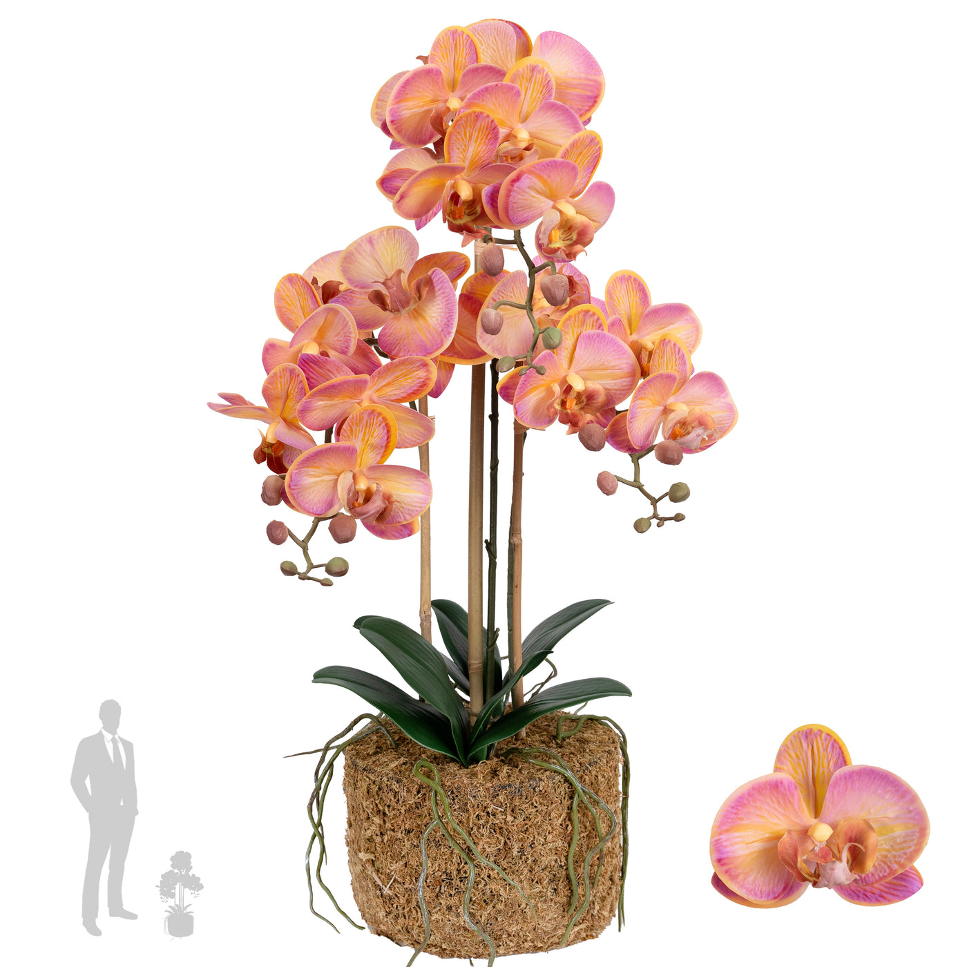 Orhidee artificiala roz cu portocaliu cu aspect natural H61 cm cu 3 tulpini