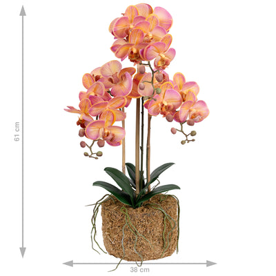 Orhidee artificiala roz cu portocaliu cu aspect natural H61 cm cu 3 tulpini