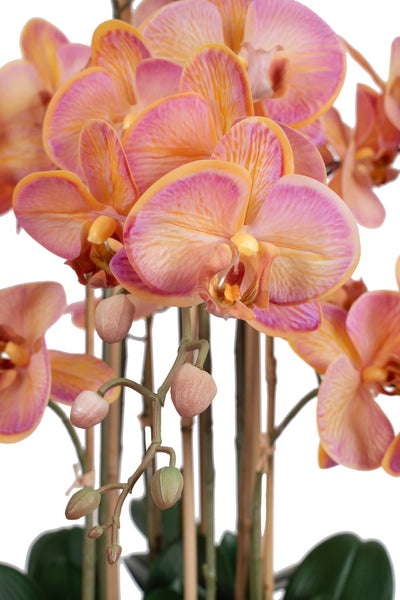Orhidee artificiala roz cu portocaliu cu aspect natural H90 cm cu 9 tulpini