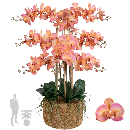 Orhidee artificiala roz cu portocaliu cu aspect natural H90 cm cu 9 tulpini