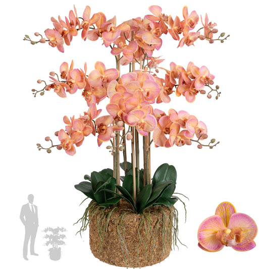 Orhidee artificiala roz cu portocaliu cu aspect natural H90 cm cu 9 tulpini